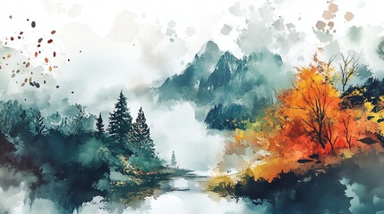 Wall Mural - Watercolor Landscape with Mountains and Trees