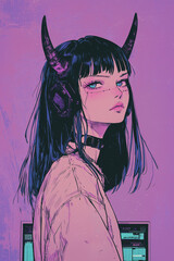 Wall Mural - A woman with horns on her head is wearing headphones and a white shirt. The image has a purple background and is a drawing