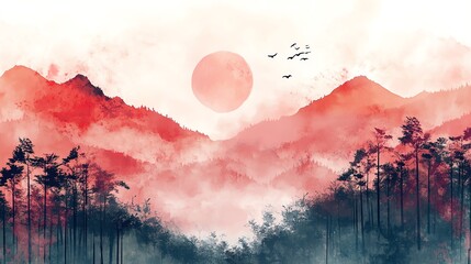 Wall Mural - Crimson Mountains Watercolor Landscape