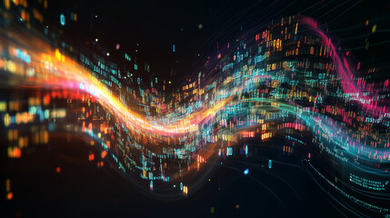 Data Driven: An abstract digital artwork featuring a flow of binary code transforming into a complex, colorful graph.