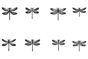 A collection of black Dragonfly silhouette icons set against a white background for design and web.