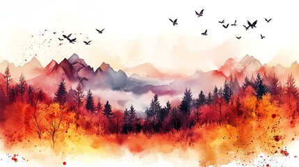 Wall Mural - Autumnal Mountain Landscape with Birds