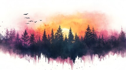 Wall Mural - Watercolor Sunset Forest