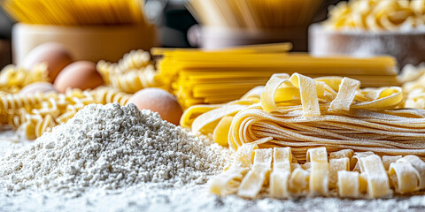 A close up of pasta and flour on the table, generative AI