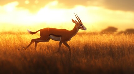 Canvas Print - Gazelle Running at Sunset in African Savanna