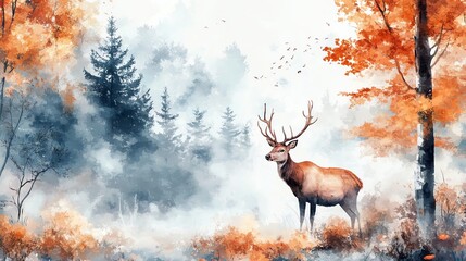 Wall Mural - Majestic Deer in a Misty Forest