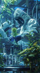 Poster - Scientist in Protective Gear Examining Plant in Lab.