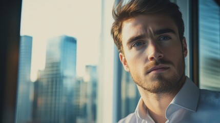 Fototapete - Close-up of a young business leader with a clear, thoughtful expression, looking out of a modern office window with city view