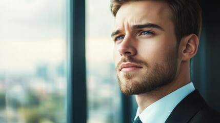 Fototapete - Close-up of a young business leader with a clear, thoughtful expression, looking out of a modern office window with city view