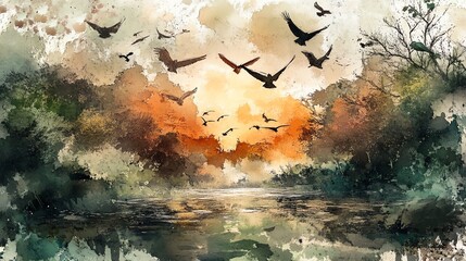 Wall Mural - Watercolor Sunset with Birds