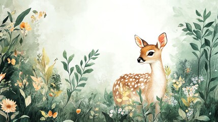 Poster - Fawn in a Watercolor Forest