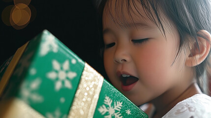 A close-up shot of a child's face filled with wonder as they open a Christmas present.