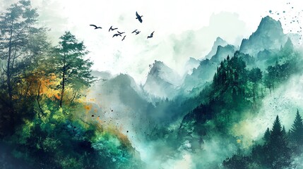 Wall Mural - Mountainous Watercolor Landscape