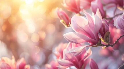 Wall Mural - Blooming magnolia tree in spring on pastel bokeh blue sky and pink background, wide composition, internet springtime banner