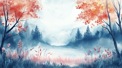 Wall Mural - Watercolor Landscape with Trees and Fog