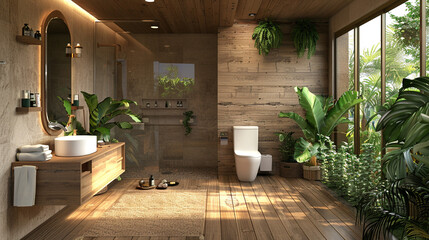 An eco-friendly bathroom with sustainable bamboo flooring, a reclaimed wood vanity, and a low-flow toilet. The space is designed with green living in mind, using natural and renewable materials.