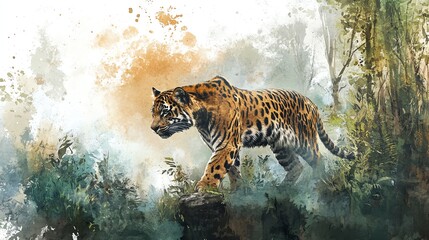 Wall Mural - Jaguar in a Watercolor Rainforest