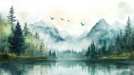 Poster - Serene Mountain Lake with Foggy Peaks