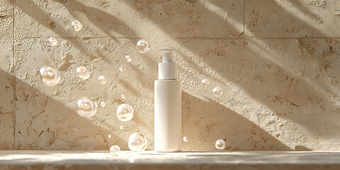 A bottle of white skincare product stands on top, surrounded by water droplets and floating bubbles in the air, generative AI