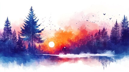 Wall Mural - Watercolor Forest Sunset