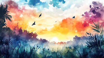 Poster - Watercolor Sunset Landscape