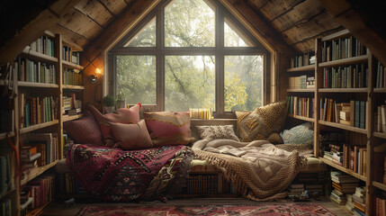 Wall Mural - A cozy attic reading nook with angled ceilings, built-in bookshelves, and a comfy window seat. The nook is decorated with vintage decor, a knitted blanket, and soft, warm lighting.