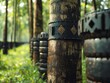 © jitthanant - Rubber trees with reusable tapping tools, symbolizing lowimpact harvesting, ecofriendly practices, renewable resources