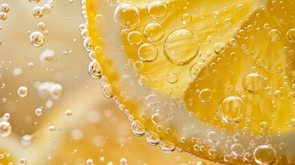 Closeup slice of lemon in mineral water. Macro photo. The concept of vitamin C, lemonade, summer citrus drinks.