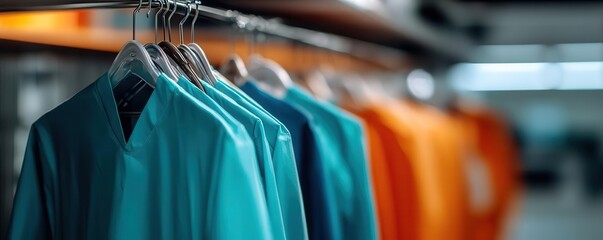 Close-up view of colorful medical scrubs hanging on a rack in a store or hospital setting, featuring blue and orange uniforms.