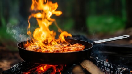 Sizzling hot chicken being cooked over an open flame in a pan, set in a scenic outdoor setting with green forest in the background.