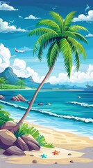 Poster - A tranquil beach scene features a palm tree, gentle waves, and a clear sky, perfect for a rejuvenating travel getaway