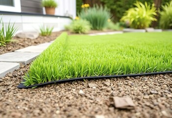 Installing fresh natural grass turfs from a roll inside residential garden