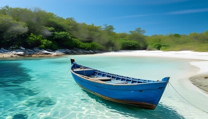 The blue boat docked at the intersection of clear water and white sand beaches, surrounded by some vegetation.