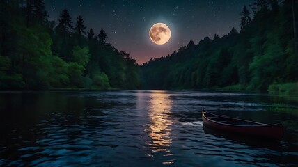  Serene Nighttime Lake Scene with Full Moon and Dense Forest