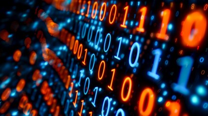 Binary Code Displayed with Glowing Red and Blue Numbers