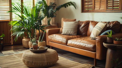 a warm, inviting living room interior design with a brown leather sofa, wooden coffee table, and earthy-toned decorations 