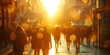 © S.JR Stocker - A blurred background of people walking in a city center during sunset, with a focus on the bokeh effect.