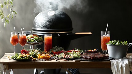 Wall Mural - Grilled food and cocktails on a table with a grill in the background.