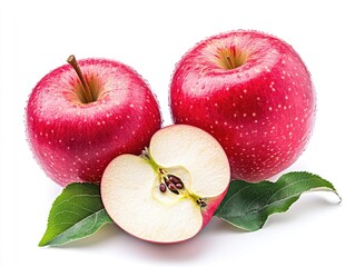 Two whole red apples with a half apple slice and green leaves isolated on white background.