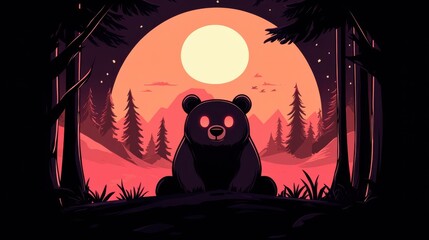 Wall Mural - A whimsical black bear shines with a soft pink glow in this modern flat illustration, showcasing playful textures.