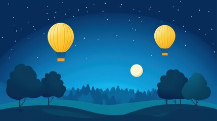 Poster - Experience a whimsical night scene with colorful hot air balloons soaring among tree frames, illuminated by a bright full moon.