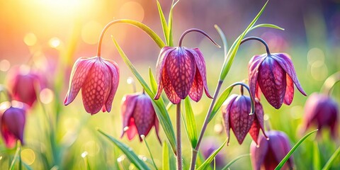 Canvas Print - Mystical bell-shaped Fritillaria blooms in soft light, Fritillaria, mystical, bell-shaped, blooms, soft light, nature