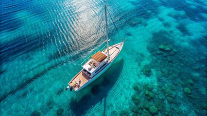 Canvas Print - Aerial view of yacht sailing in turquoise sea, yacht, boat, luxury, travel, ocean, blue, water, vacation, seascape, aerial