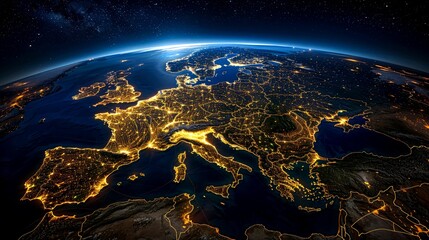 Europe at Night with City Lights and Starry Sky