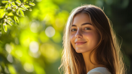 A young woman with long hair beams joyfully in a lush green forest, illuminated by warm sunlight filtering through leaves during late afternoon, spa, beauty and environment concept, copy space