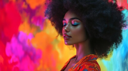 A profile shot of a woman with natural afro hair against a vibrant, colorful background, showcasing beauty and artistic expression.