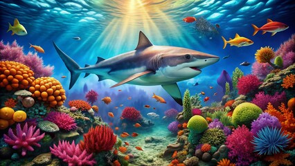 Wall Mural - Vibrant, hyper-realistic shark swims amidst a kaleidoscope of coral, sea anemones, and schools of fish in a stunning, intricately detailed underwater reef illustration.