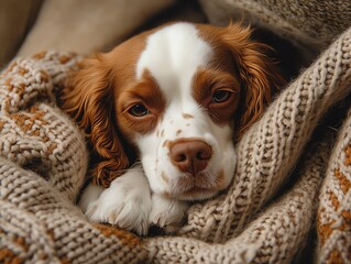 Adorable spaniel pup nestled in its owners lap, exuding warmth and familiarity, cozy bond, familiar comfort