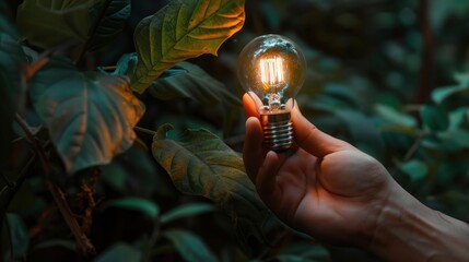 Canvas Print - Light Bulb in Hand Among Green Leaves