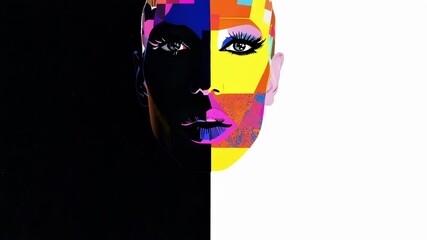 Wall Mural - Colorful illustration of a woman face divided in two by a vertical line, representing duality and the contrast between light and shadow